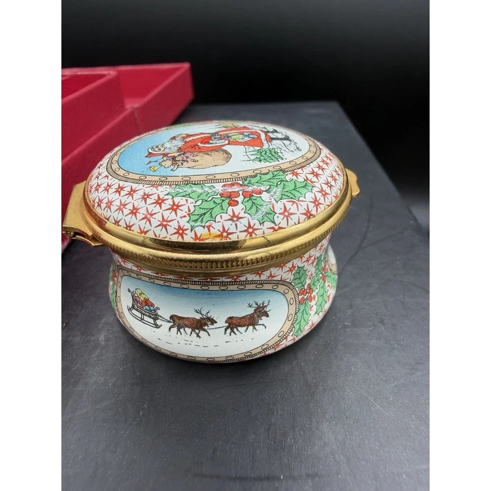 🎄 Halcyon Days Enamels 1984 Christmas Trinket Box – Santa – Vintage – EUC ✨